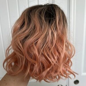 Peach/Pink Ombré Wavy Shoulder Length Hair With Bangs